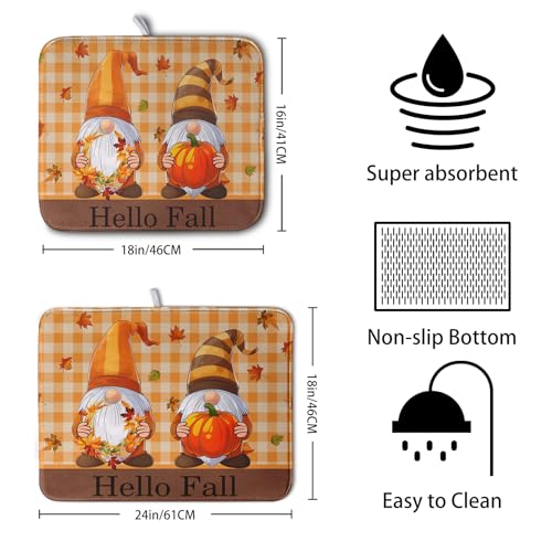 Hello Fall Autumn Gnomes Dish Drying Mat 16x18 Thanksgiving Pumpkin Maple Leaves Harvest Kitchen Drying Mat Orange White Buffalo Plaid Dish Drainer Mat Ultra Absorbent Dish Rack Pad for Coffee Bar (Fall Gnome / 16" x 18")