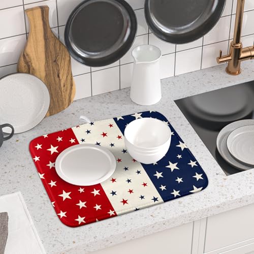 Blue Red White Star July of 4th Patriotic Dish Drying Mat for Kitchen Counter 16x18 Independence Day Absorbent Reversible Microfiber Drying Mats Kitchen Countertop Protector Dishes Drainer Rack Pad (16" x 18")