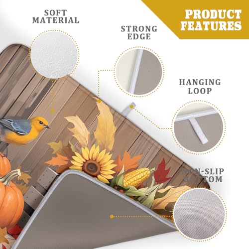 Fall Thanksgiving Dish Drying Mat for Kitchen Counter 18x24 Pumpkin Sunflower Bird Autumn Harvest Theme Absorbent Reversible Microfiber Drying Mats Kitchen Countertop Protector Dishes Drainer Pad (18" x 24")