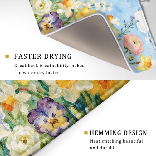 Spring Floral Dish Drying Mat for Kitchen Counter 18x24 Yellow Pink Narcissus Flower Seasonal Themed Summer Absorbent Reversible Microfiber Drying Mats Kitchen Countertop Protector Dishes Drainer Pad (18" x 24")
