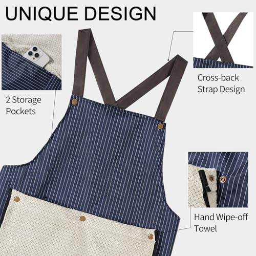Apron with Towel Attached 2 Pcs Waterproof Kitchen Aprons No Tie Apron Cross Back Aprons for Women Cooking Flower Art Blue (Blue,2 Pack)