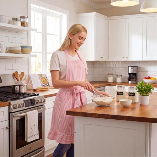 Vintage Apron Ruffle Dress Women 2 Pockets (Pink / Stripe)
