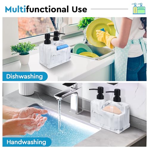 Kitchen Hand Soap and Dish Soap Dispenser Set (3 in 1 - White Marble Look)