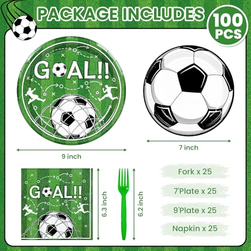 100 Pcs Soccer Paper Plates and Napkins Disposable for Party (Green Soccer 100 Plate Set / 7 & 9-inch Set)