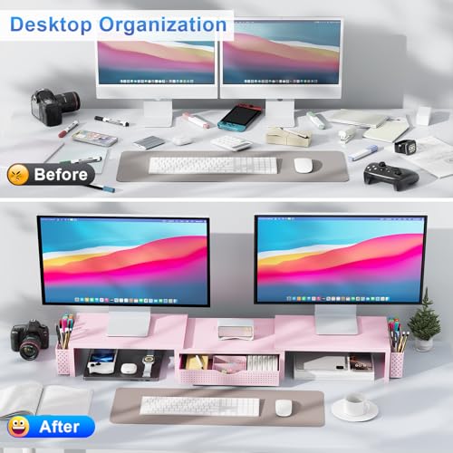 Dual Monitor Stand Riser With Drawer and 2 Pen Holders (Pink)