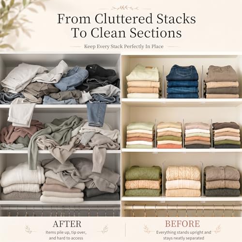 Shelf Dividers Purse Organizer for Closet (Standard: 8" Tall X 12" Deep / Clear:12-pack)