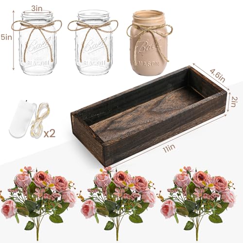 3 Pcs Mason Jar Centerpiece Table Decorations for Dining Table Decor Farmhouse Coffee Table Decor with Wood Tray and Led Light Table Centerpieces for Dining Room Kitchen Living Bathroom (Pink)