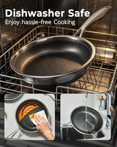 8, 10, 12 Inch Stainless Steel Frying Pan Set, Honeycomb Hybrid Nonstick Skillet for Induction & All Cooktops, PFAS/PFOA/PTFE Free, Oven Safe 500°F, Silver