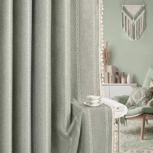 Sage Green Boho Blackout Curtains 96 Inch 2 Panels with Tassels (Sage Green / 52"W x 96"L (Pack of 2))