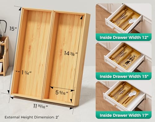 Bamboo Kitchen Drawer Organizer Set of 2 (Bamboo / 15" x 6" x 2")