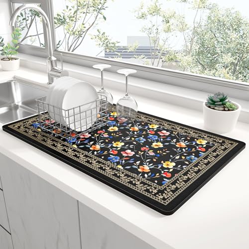 Dish Drying Mat for Kitchen Counter (Retro Floral / 12" x 19")