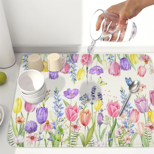 Spring Floral Dish Drying Mat for Kitchen Counter Easter Tulip Lavender Flower Microfiber Dish Drainer Mat Rustic Farmhouse Absorbent Washable Drying Pad Extra Large 18"x24" (Spring Summer Tulip / 24" x 18")