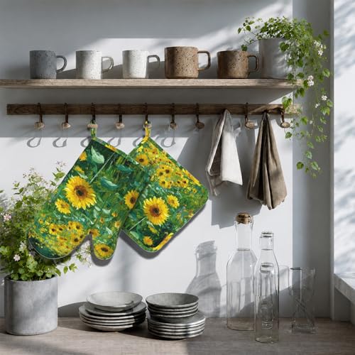 Vintage Sunflower Oven Mitts and Pot Holders Sets Flower Oil Painting Silicone Heat Resistant Kitchen Oven Gloves Pot Holder for Cooking Baking Grilling BBQ (Vintage Sunflower)