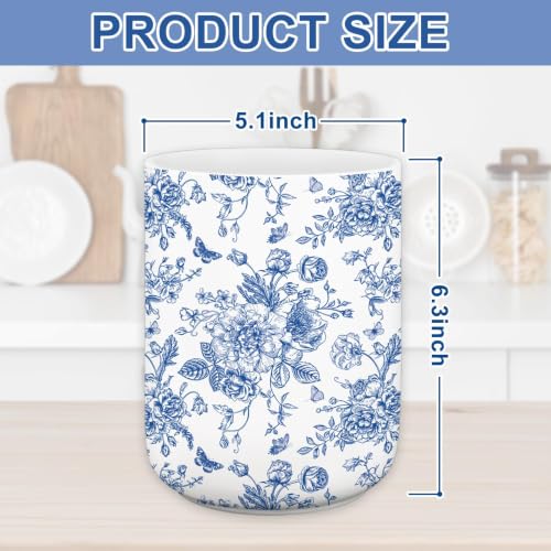 Blue Floral Ceramic Utensil Holder Chinoiserie Chopstick Crock (Blue)