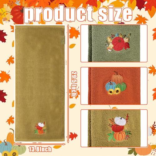 3 Pcs Fall Hand Towels for Bathroom 13.8 x 29.5 Inch Autumn Decorative Bath Towels Sets 100% Cotton Embroidered Pumpkin Maple Thanksgiving Bathroom Decor (Green Orange Yellow / Pumpkin)
