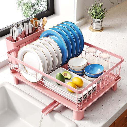 Dish Drying Rack for Small Kitchen Counter (Pink / 11" W x 15" L)