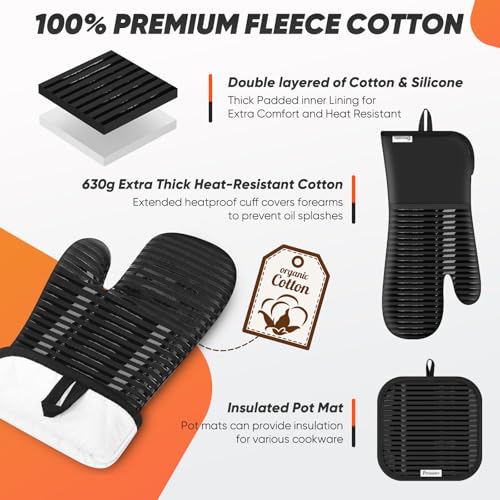 Oven Mitts Kitchen Towels and Dishcloths with Pot Holders Sets (Black)