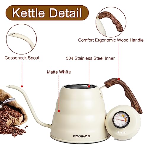 Gooseneck Kettle with Thermometer for Pour Over Coffee & Tea (White)