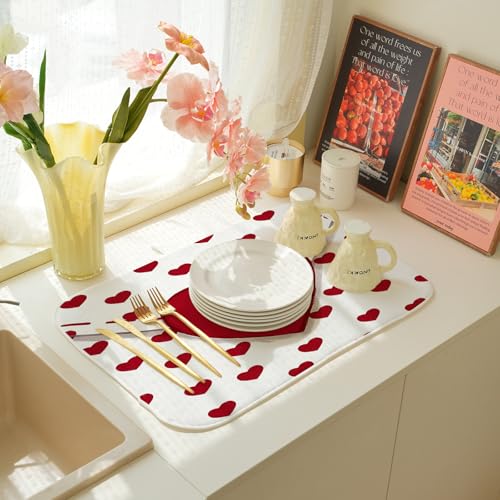 Valentines Dish Drying Mat 18x24 Inch Red Hearts Dish Drainer Protector Pad for Kitchen Counter Absorbent Holiday Love Drying Pad for Drainer Rack Kitchen Fast Dry (Red Hearts-2 / 18" x 24")