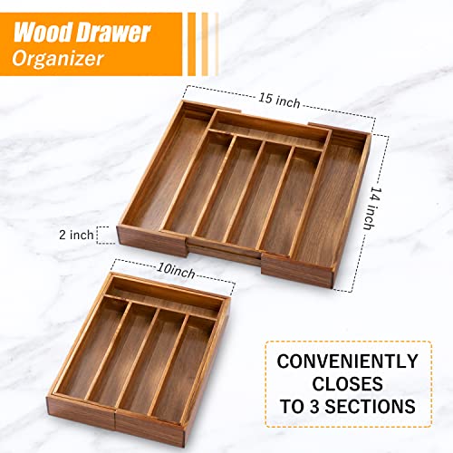 Acacia Silverware Organizer Kitchen Drawer Organizer Expandable Bamboo Utensil Holder Cutlery Tray for Kitchen Utensil and Flatware Bedroom Office (Acacia / 7 Slots Expandable)