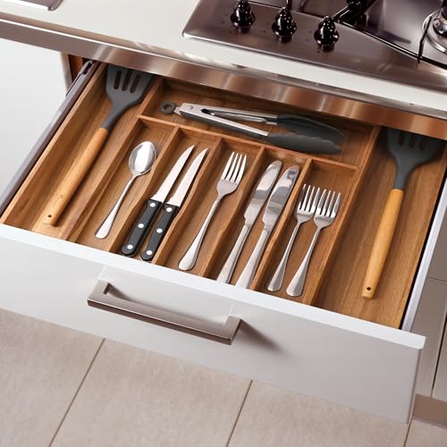 Large Premium Acacia Silverware Organizer (9 Slots Expandable / Acacia)