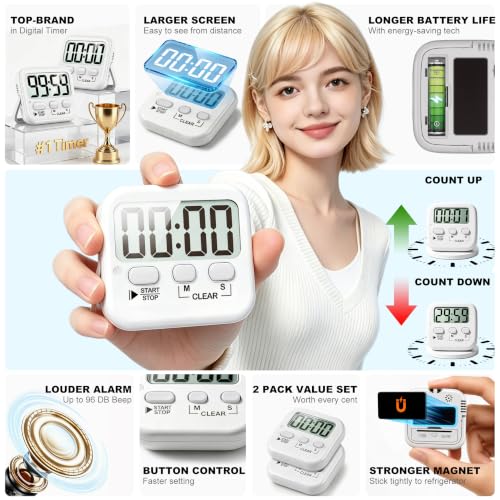 2 Pack Digital Timer for Kids Classroom Kitchen Timers for Cooking (Pure White *2)