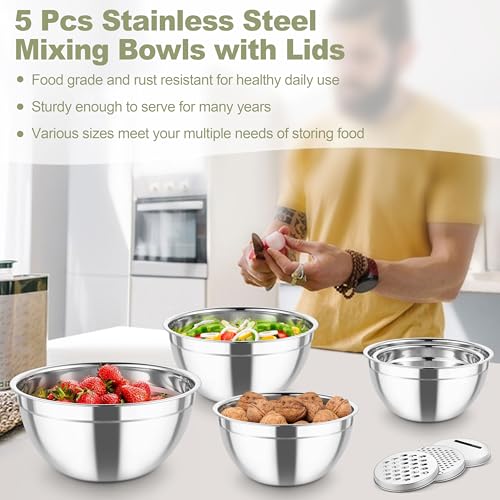 Mixing Bowls Stainless Steel Salad Serving Bowl with Clear Lids (Khaki)
