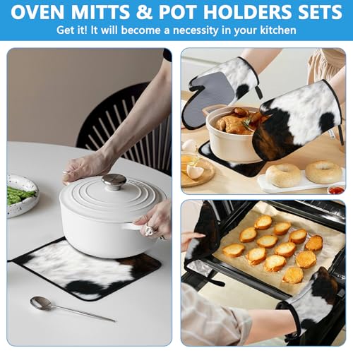 Brown Cowhide Oven Mitts and Pot Holders Sets Heat Resistant 4Pcs Potholders Oven Gloves Hot Pads for Kitchen Baking Cooking Grilling BBQ (Brown Cowhide)