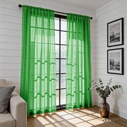 Check Sheer Curtains 90 Inches 2 Panels Set (Check - Green / 52"W x 90"L (Pack of 2))