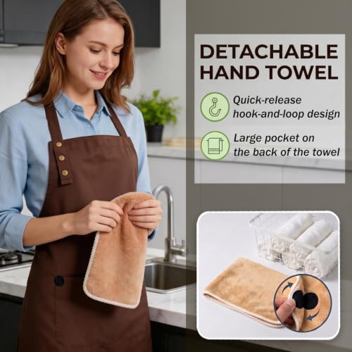 Kitchen Apron for Women Men with Pocket & Hand Towel (Brown)