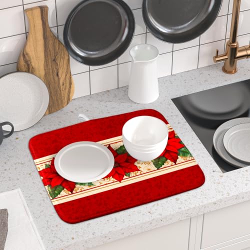Poinsettia Flowers Dish Drying Mat 16"x18" Christmas Red Decorative Dish Drainer Mats Xmas Winter Floral Print Reversible Microfiber Dish Drying Rack Pad for Kitchen Countertop Sink (18" x 16")