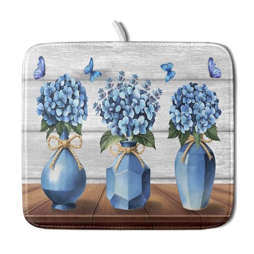 Blue Hydrangea Dish Drying Mat for Kitchen Vintage Wood Board Floral Butterfly Dish Drainer Mats 16x18inch Rustic Flowers Dish Drying Rack Pad Protector for Countertop Dining Decor (18" x 16")