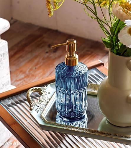 18Oz Blue Glass Soap Dispenser with Golden Pump for Dish Soap (Blue-golden Pump / 1Pack)