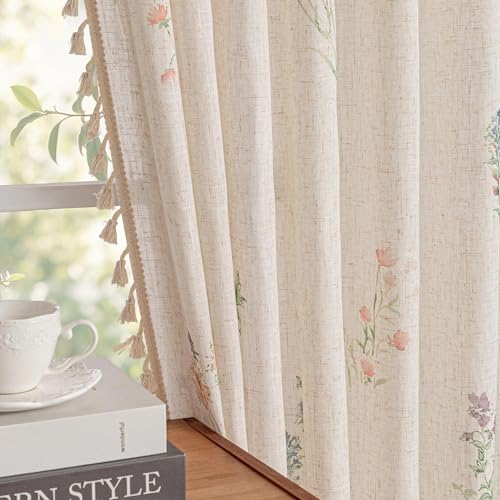 Floral Boho Farmhouse Curtains 96 Inches Long Linen Blend Light Filtering Living (Flower / 50"W x 96"L (Pack of 2))