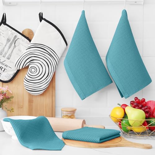 100% Cotton Waffle Weave Kitchen Dish Cloths 18 (Lake Blue / 12 X 12 - 18 Pack)