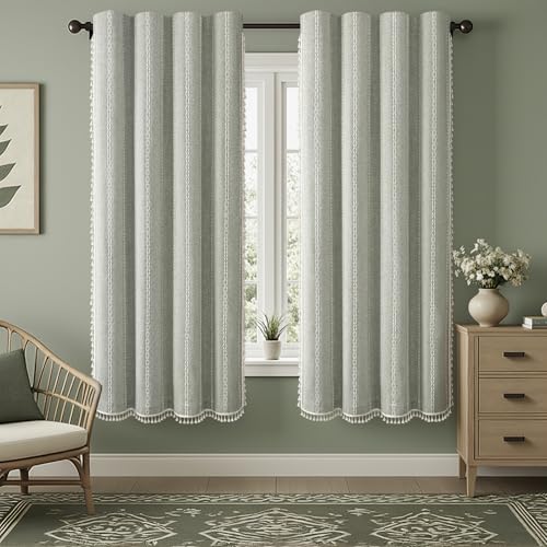 Sage Green Boho Blackout Curtains 72 Inch 2 Panels with Tassels (Sage Green / 52"W x 72"L (Pack of 2))