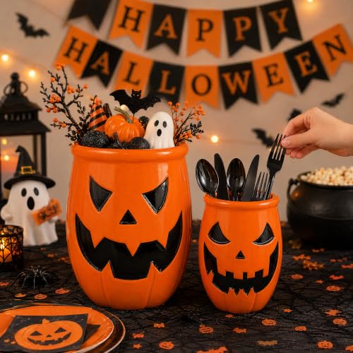 Set of 2 Halloween Ceramic Pumpkin Utensil Crocks (Yellow / Two pack)