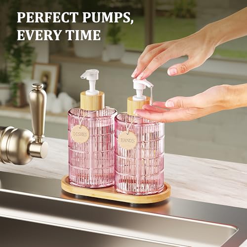 Soap Dispenser Set with Bamboo Tray (Pink&bamboo)