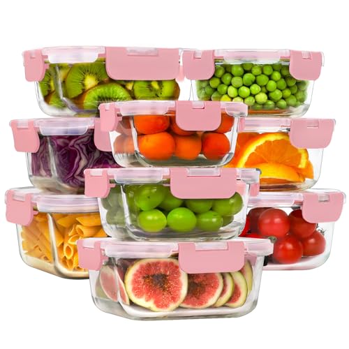 18 Piece Glass Food Storage Containers with Snap Locking Lids for Meal Prep (Pink / 9 Pack)