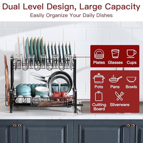 2 Tier Black Stainless Steel Dish Drying Rack for Kitchen Counter (Black / 12.4" D x 17.1" W x 14.2" H)