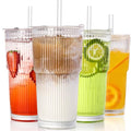 4PCS Ribbed Glass Cups with Lids and Straws (Crystal-4)