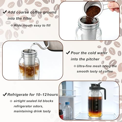 Cold Brew Coffee Maker 32 Oz Wide Mouth Mason Jar Pitcher With stainless steel Filter 1 Quart Airtight & Leak (32 OZ Cold Brew Coffee Maker Black)