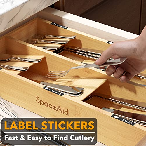 Bamboo Silverware Drawer Organizer with Labels (Natural, 6 Slots)