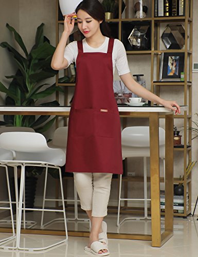 100% Cotton Cross Back Apron for Women with 2 Pockets (#0 Adjustable Burgundy Cross-back)