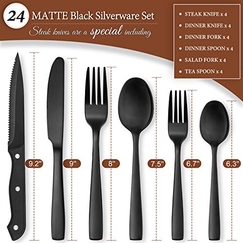 24 Pieces Matte Black Silverware Set with Steak Knives for 4