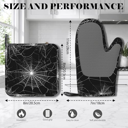 Spider Web Oven Mitts and Pot Holders Sets Silicone Kitchen Mitts Potholders Heat Resistant Oven Gloves Hot Pads for Kitchen Baking Cooking (Spider Web)