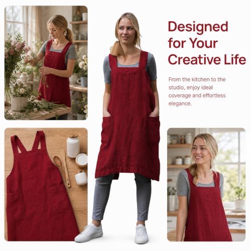 Cross Back Linen Cotton Apron with Pockets (3X-Large / Red)