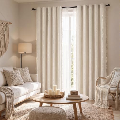 Boho 100% Blackout Curtains 84 Inch 2 Panels Linen Blend Beige (Beige / 52"W x 84"L (Pack of 2))