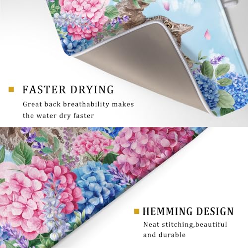 Cute Dish Drying Mats for Kitchen Counter Large 18 X 24 In（Spring Cat Blue） (Colorful Hydrangea Cat / 24" x 18")