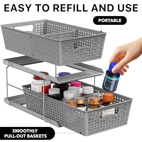2 Tier Pull Out Sliding Drawer Under Sink Storage (Gray)